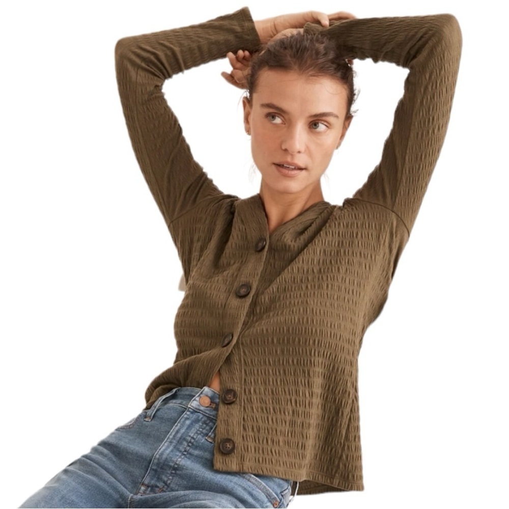 Madewell Crinkle Knit Cardigan Button Front Sweater Olive Green Women’s Size S